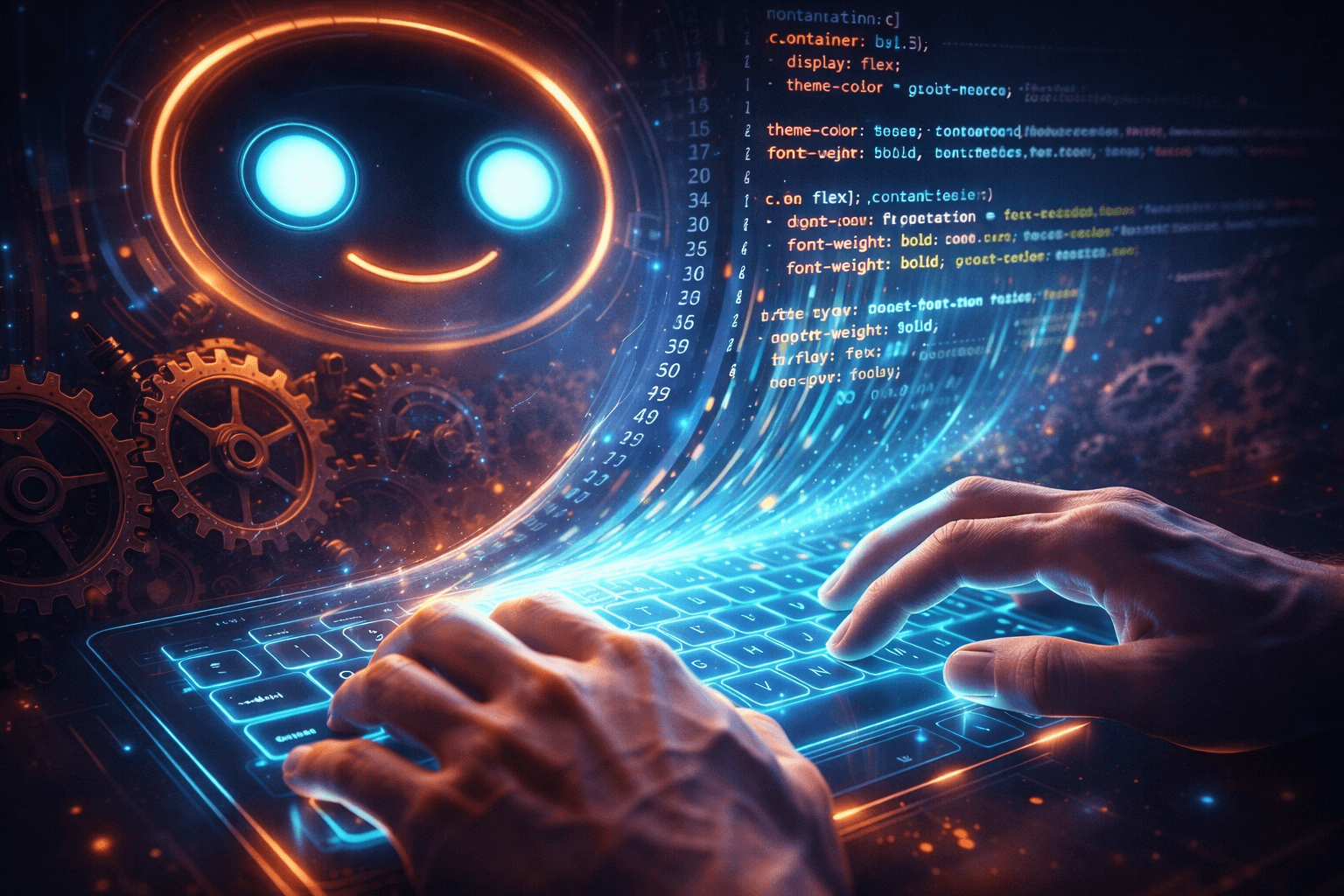 Ein Entwickler arbeitet mit einer KI zusammen, die sauberen, nativen CSS-Code generiert und alte mechanische Strukturen ersetzt.