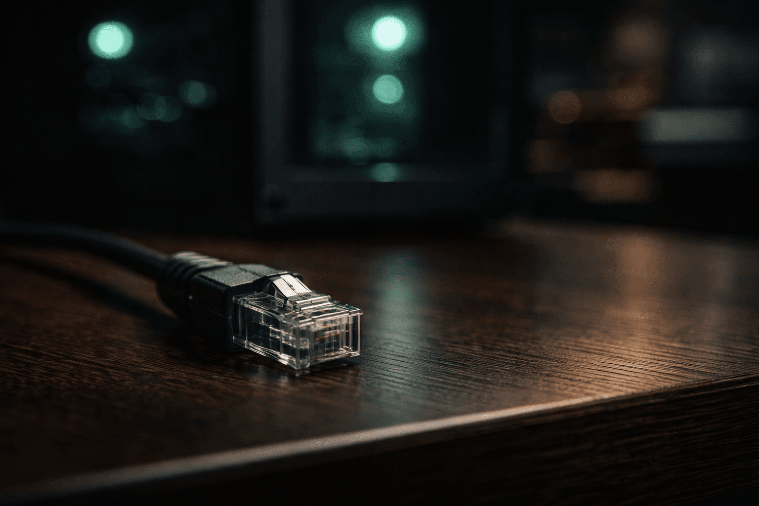 Ein abgezogenes RJ45-Netzwerkkabel ruht auf einem Holztisch direkt neben der leuchtenden Workstation, als Symbol für die Offline-Trennung.