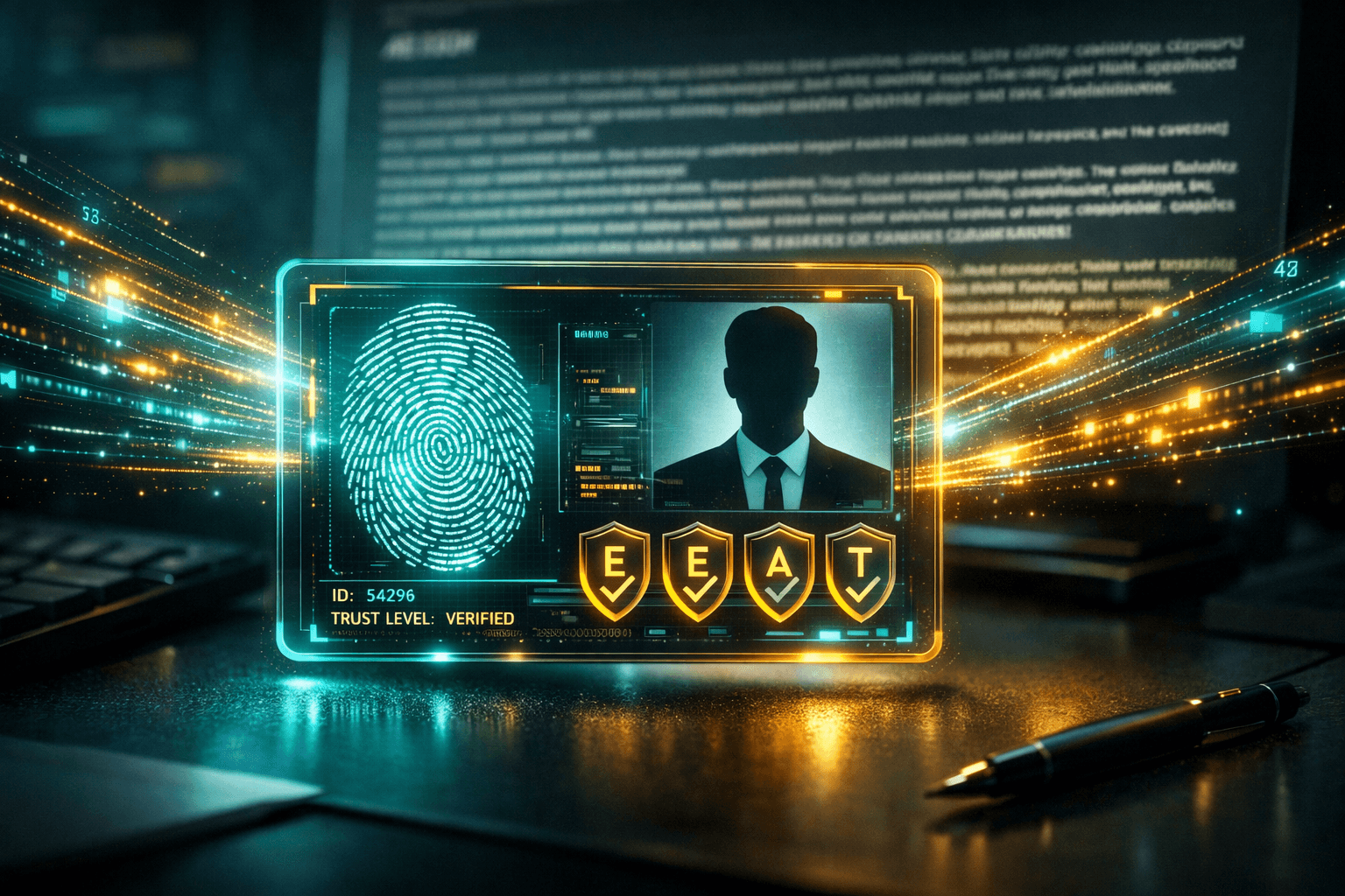 Eine holografische ID-Karte mit Fingerabdruck und E-E-A-T-Verifizierung, die den digitalen Vertrauensbeweis eines Autors symbolisiert.