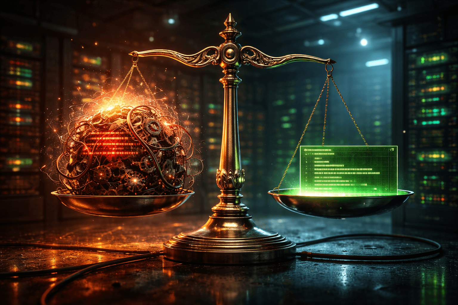 Eine metaphorische Waage, auf der eine einzelne, leuchtende Codezeile ein riesiges, verworrenes Knäuel aus überflüssigem, schwerem Code aufwiegt.