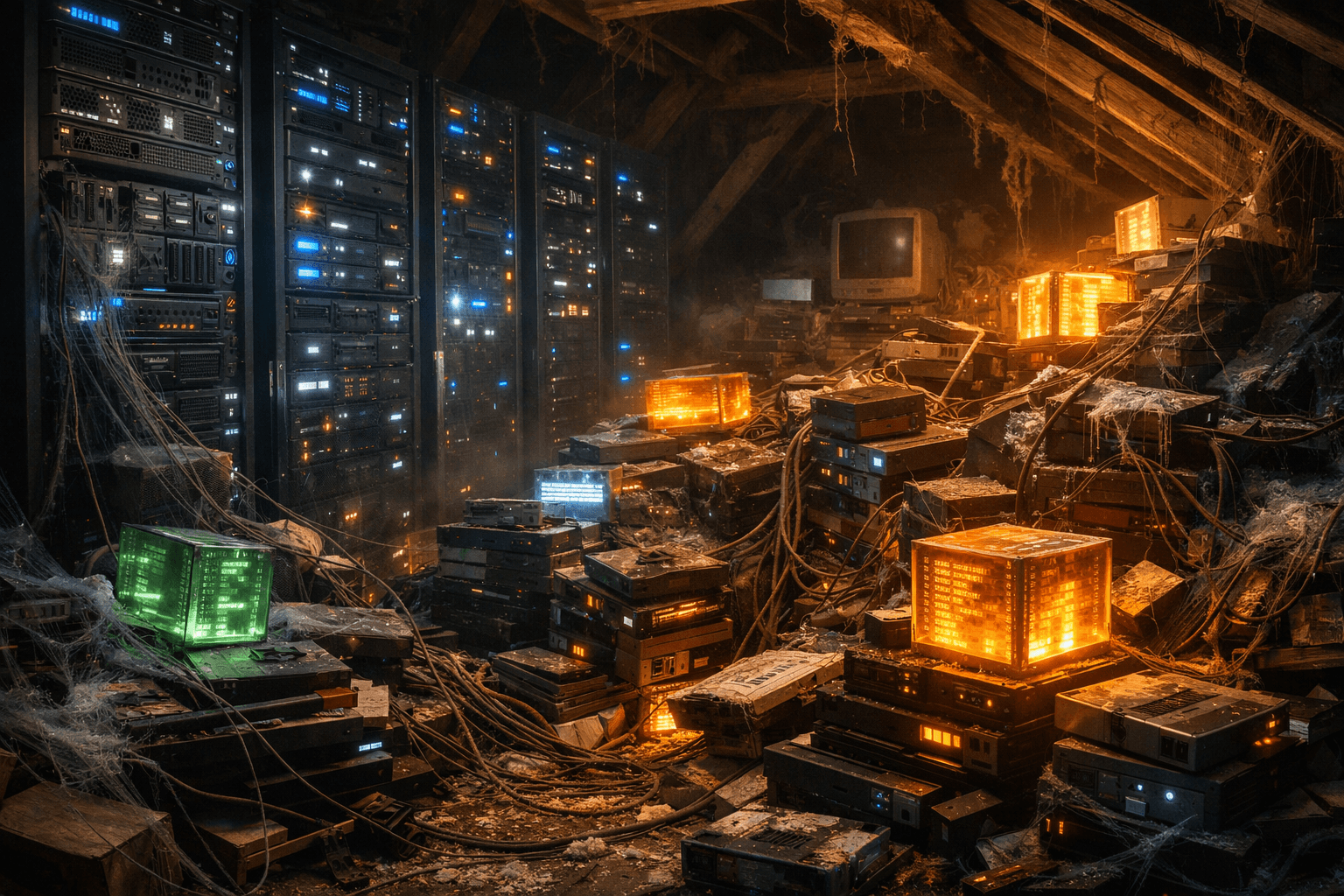 Ein düsterer, riesiger Serverraum, der aussieht wie ein unordentlicher Dachboden. Er ist überfüllt mit leuchtenden, aber verstaubten Datenkristallen und alten Festplatten.