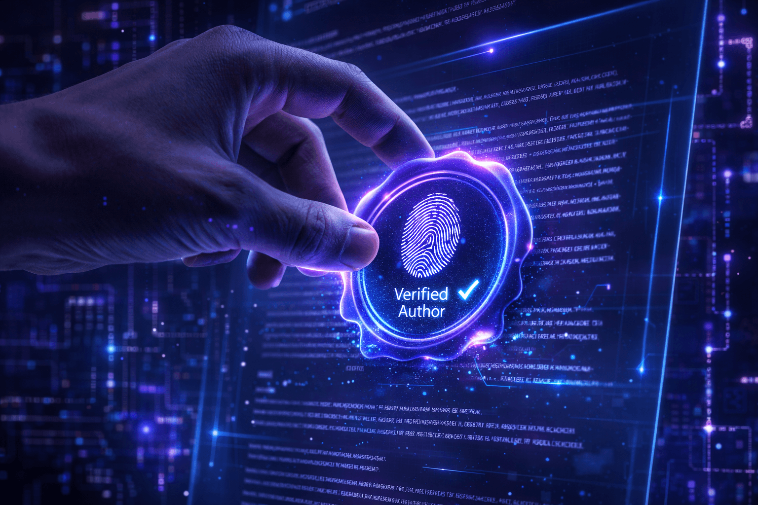 Darstellung digitaler Autorenschaftsverifizierung durch kryptografische Siegel und Identitätsnachweise.