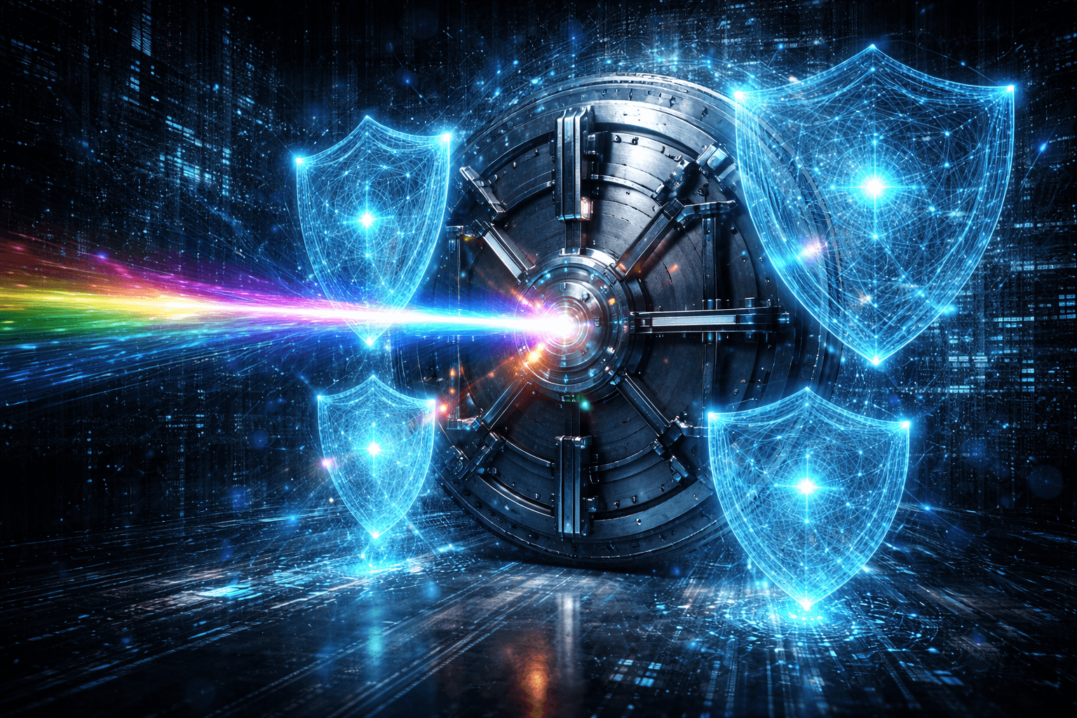 Ein massiver, digitaler Tresor im Zentrum, der von einem komplexen, strahlenden Lichtschlüssel (Quantenschlüssel) berührt wird. Fraktale Muster schützen den Tresor.