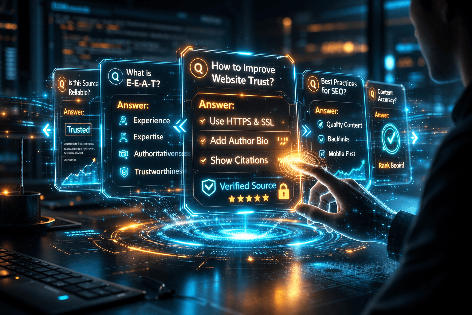 Eine holografische Darstellung von Frage-Antwort-Karten, die in einem Karussell schweben und die direkte Interaktion in den Suchergebnissen symbolisieren.