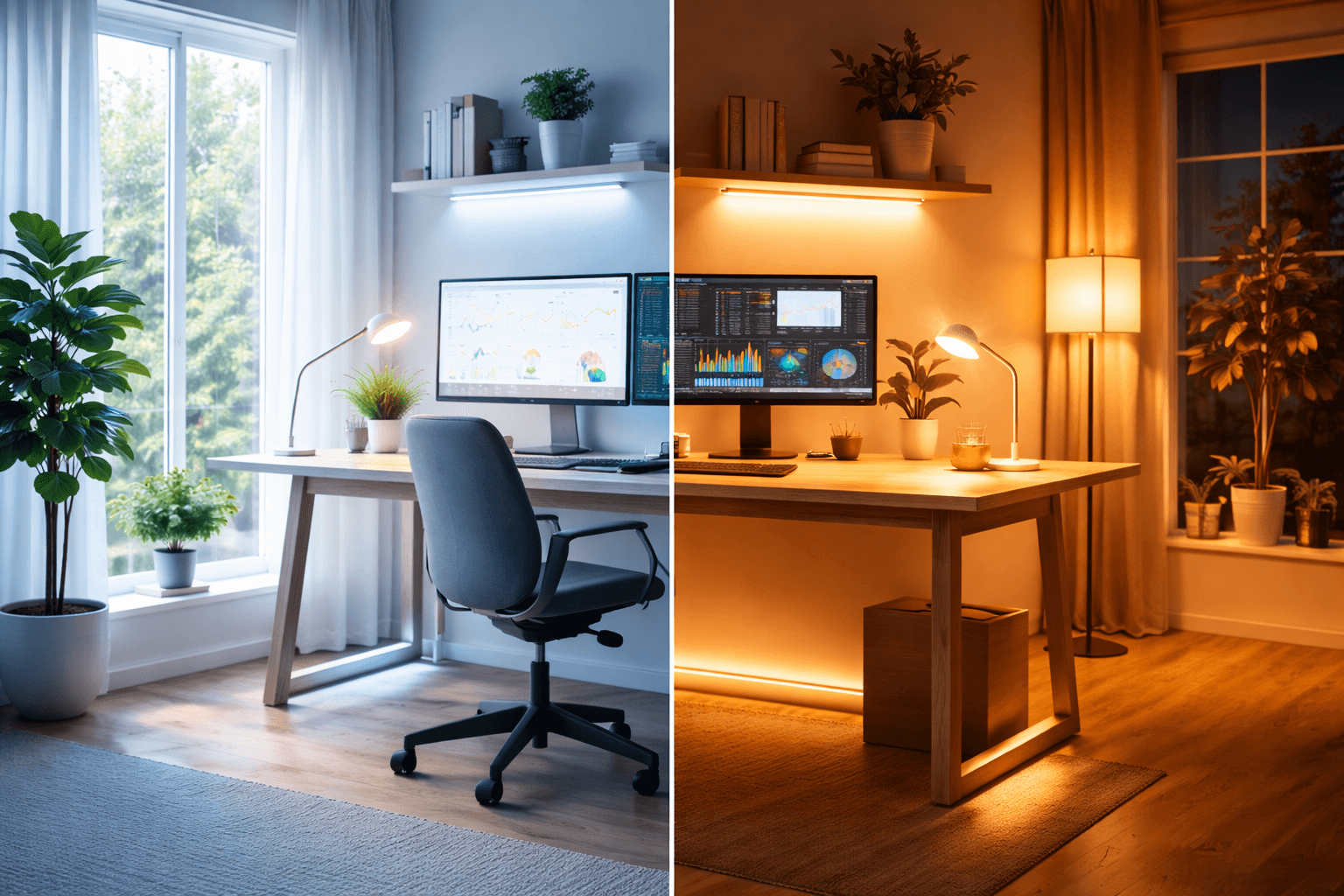 Vergleich von kühlem Arbeitslicht am Morgen und warmem Licht am Abend im ergonomischen Home Office.