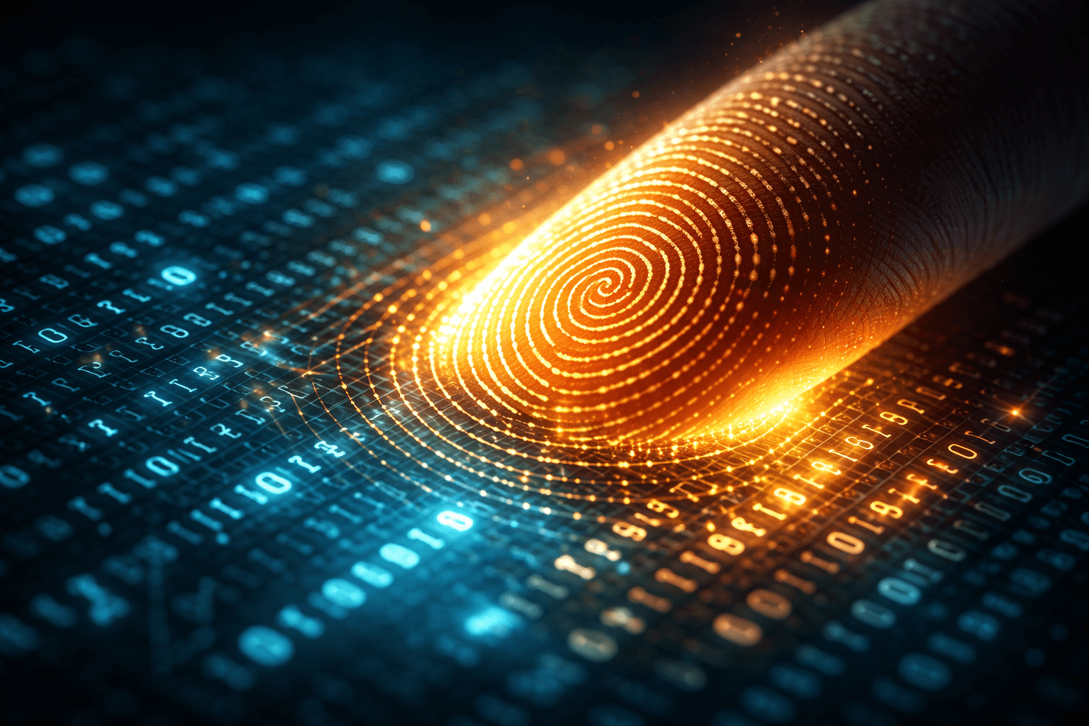 Ein menschlicher Fingerabdruck aus Licht drückt auf eine digitale Oberfläche und verändert den Code – Symbol für menschliche Authentizität in KI-Inhalten.