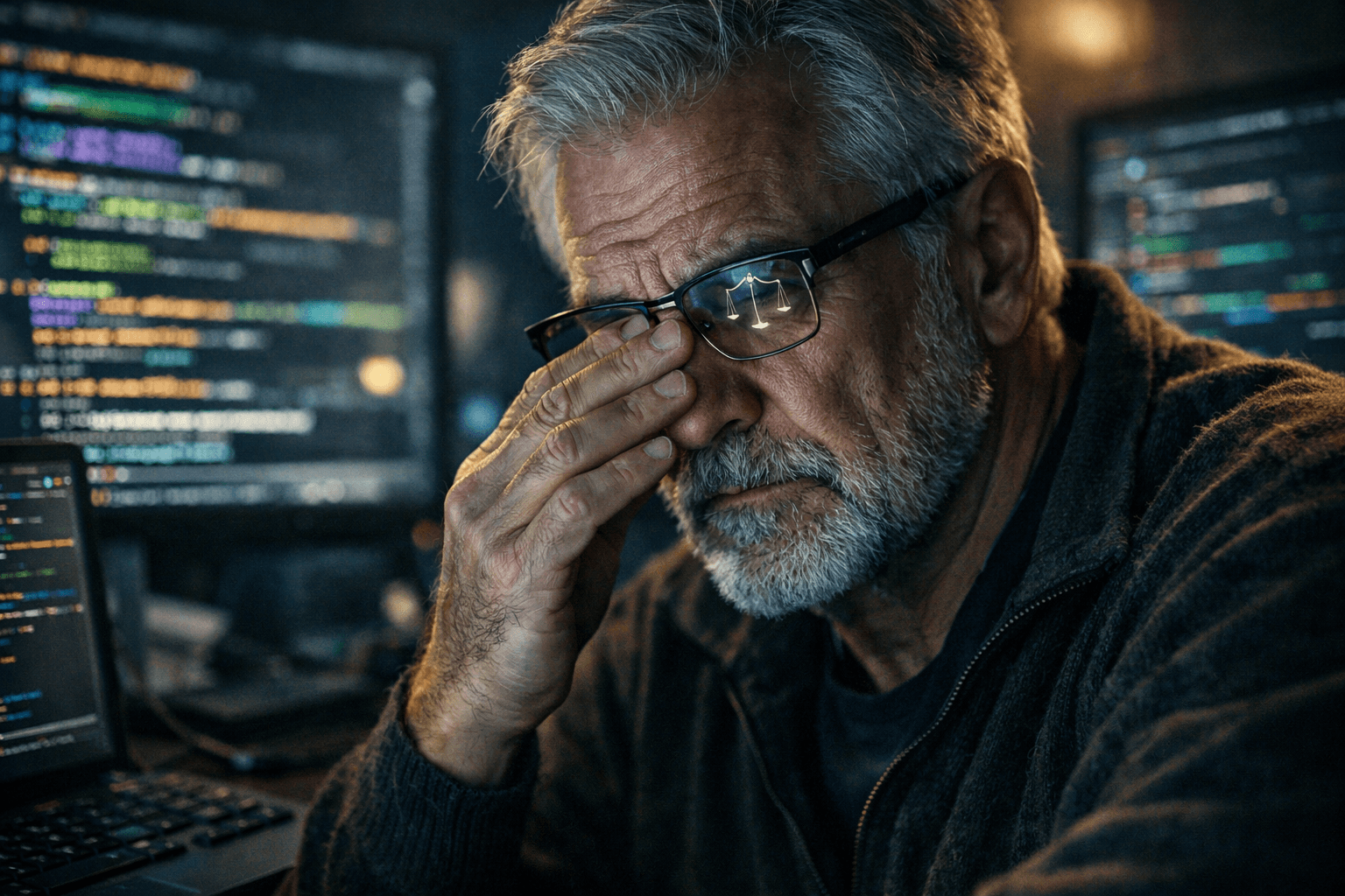 Ein erschöpfter Senior-Entwickler reibt sich die Augen vor Bildschirmen mit KI-Code, was die psychologische und rechtliche Belastung der neuen Prüf-Rolle zeigt.