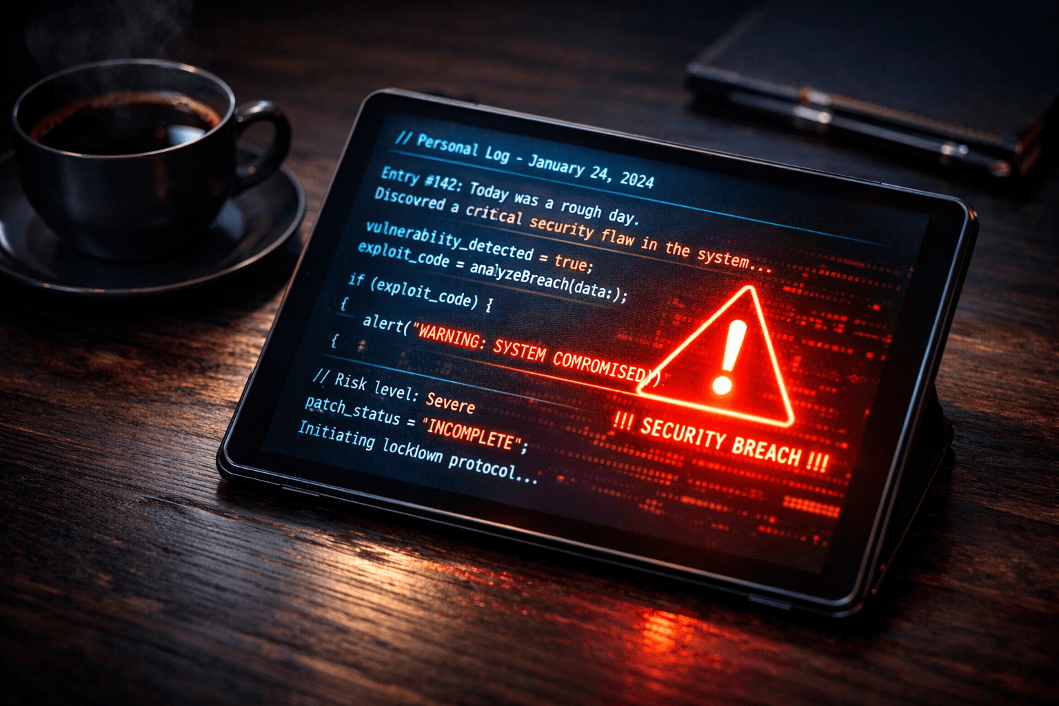 Ein digitales Entwickler-Tagebuch zeigt KI-generierten Code, der eine rot markierte Sicherheitslücke enthält.