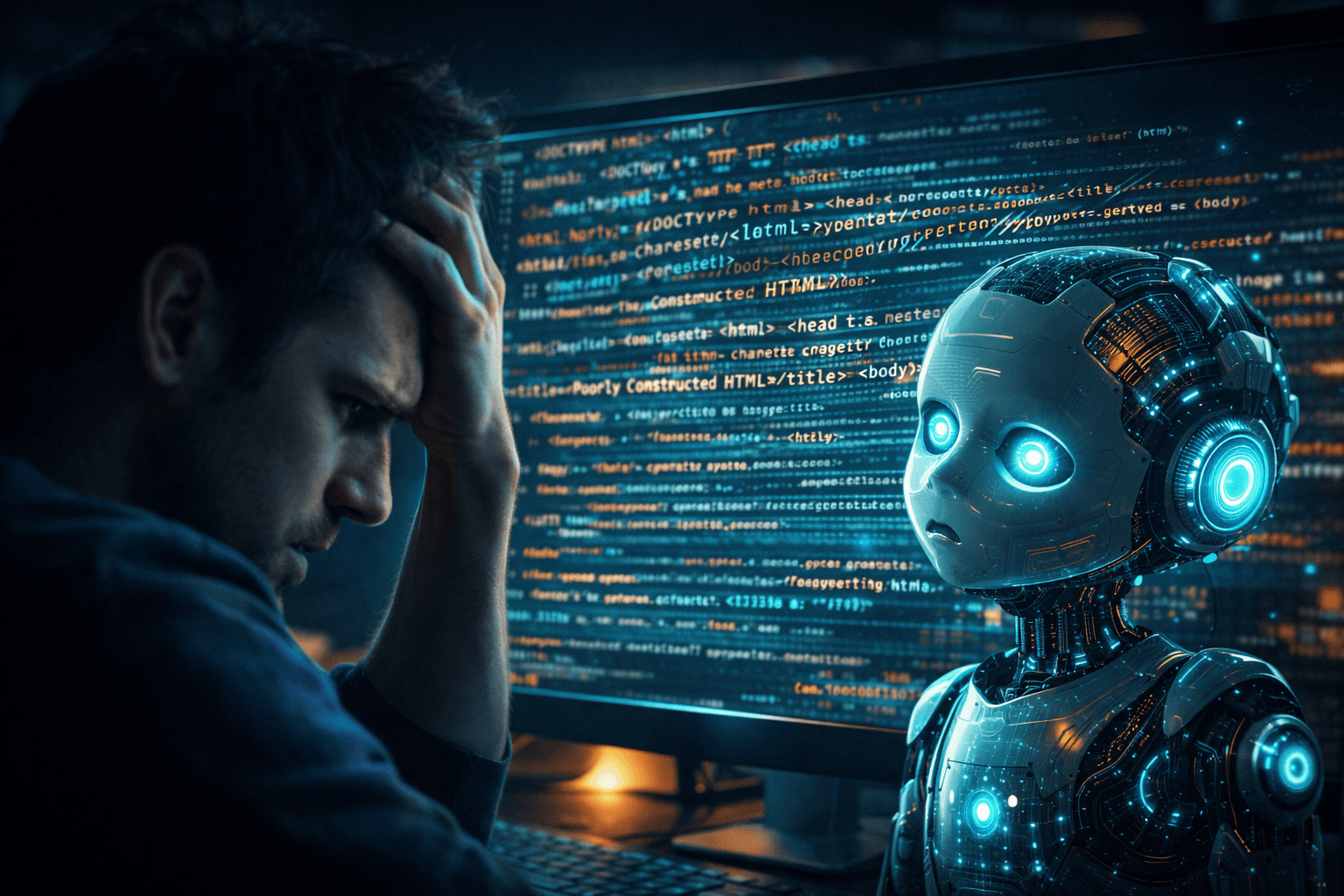 Ein Entwickler und eine KI blicken verwirrt auf unstrukturierten HTML-Code, was die fehlende Semantik im Web darstellt.