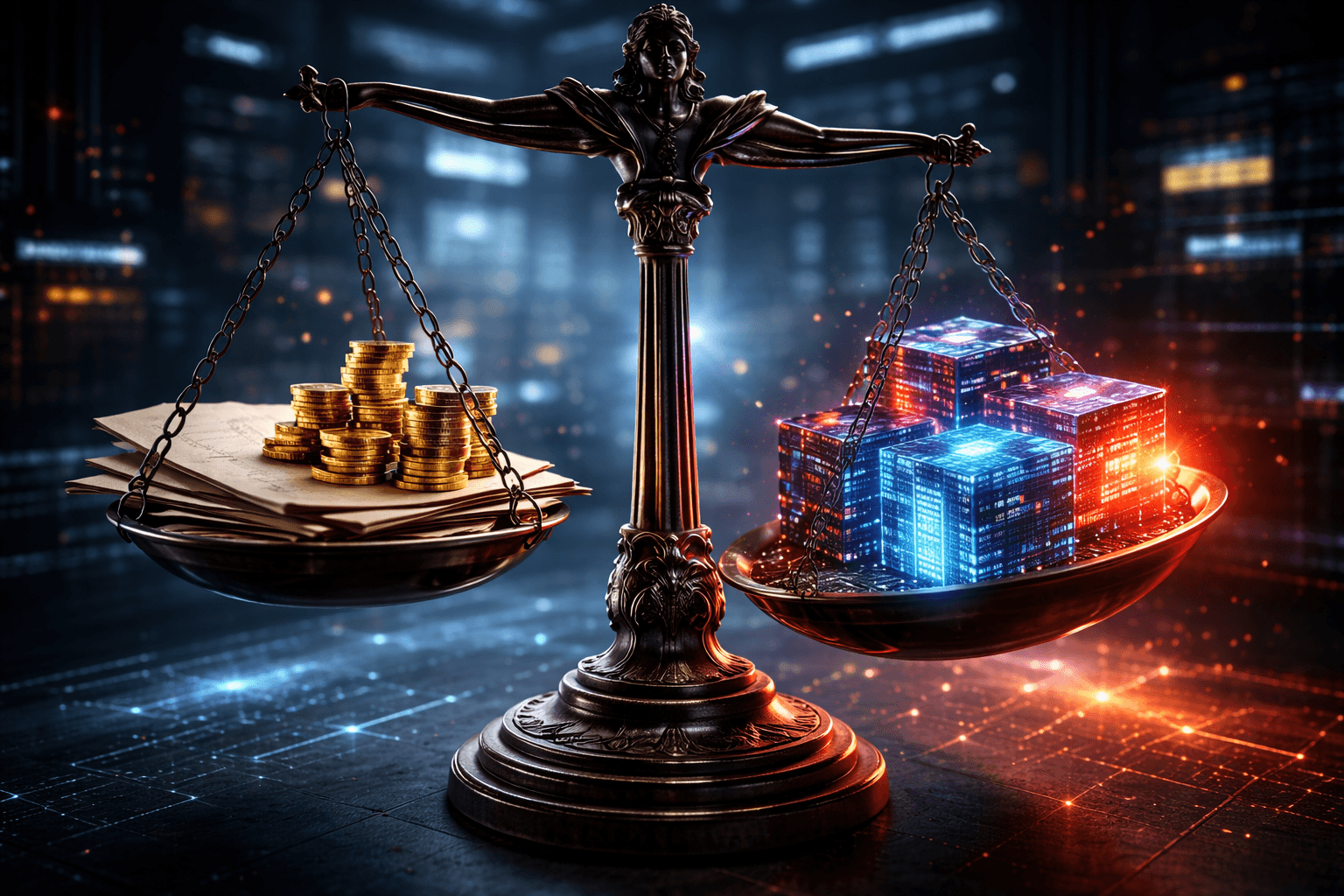 eine antike waagschale, auf der einen seite liegen goldmünzen, auf der anderen abstrakte, leuchtende digitale datenpakete, die waage ist deutlich im ungleichgewicht.