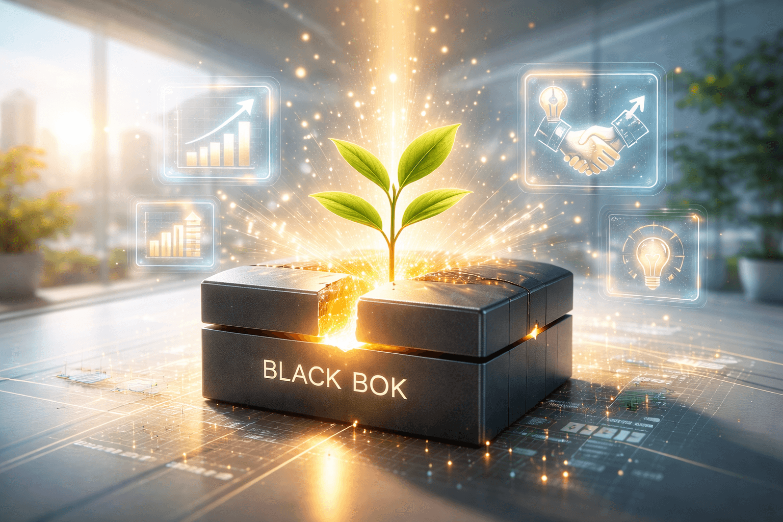 Eine geöffnete, ehemals schwarze Box aus Metall, aus der nun helles, warmes Licht strömt und aus der eine kleine grüne Pflanze wächst, umgeben von transparenten Finanzsymbolen.