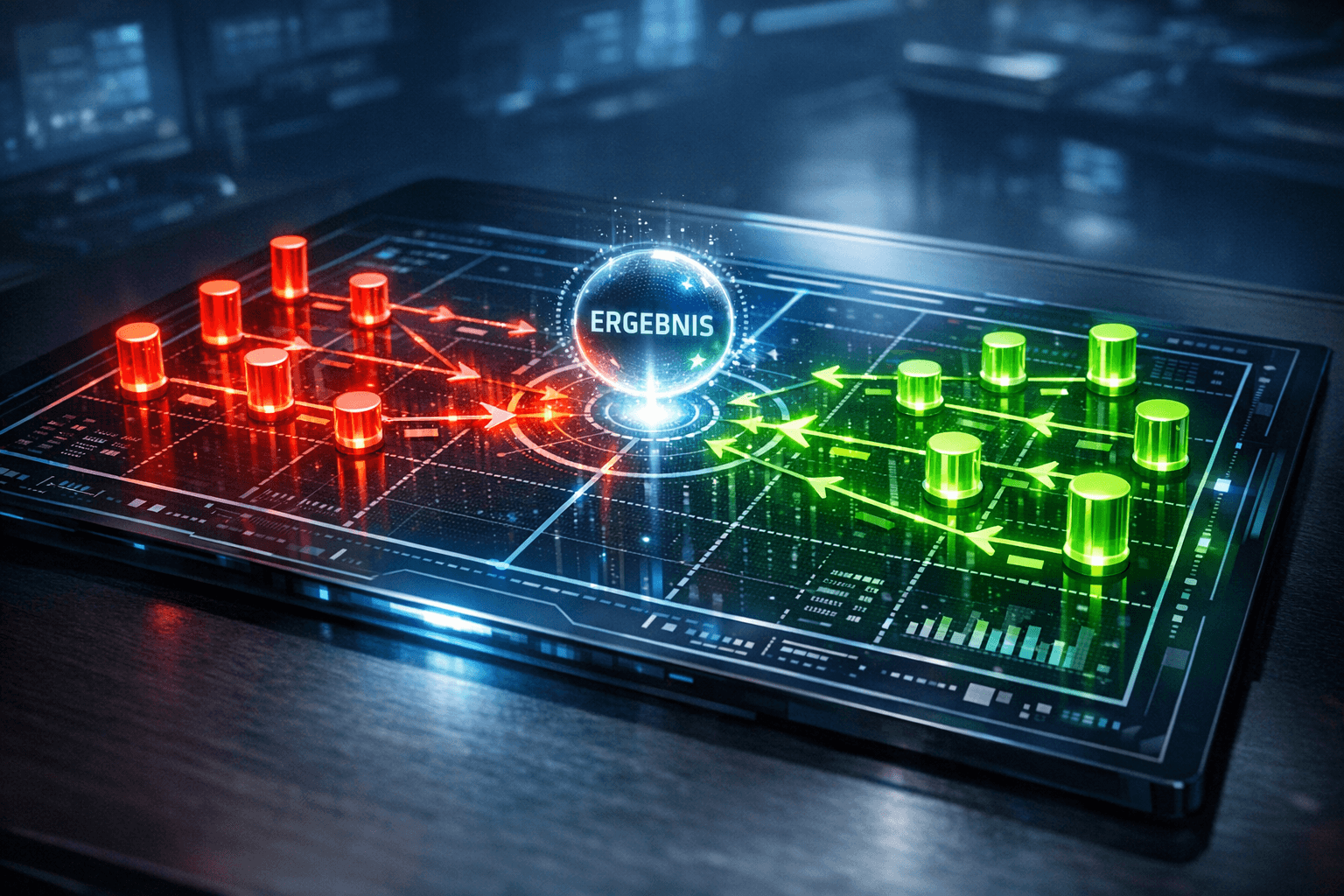 Ein holografisches Taktikbrett, auf dem leuchtende Datenpunkte wie Spielfiguren verschoben werden, um eine komplexe KI-Entscheidung zu visualisieren.
