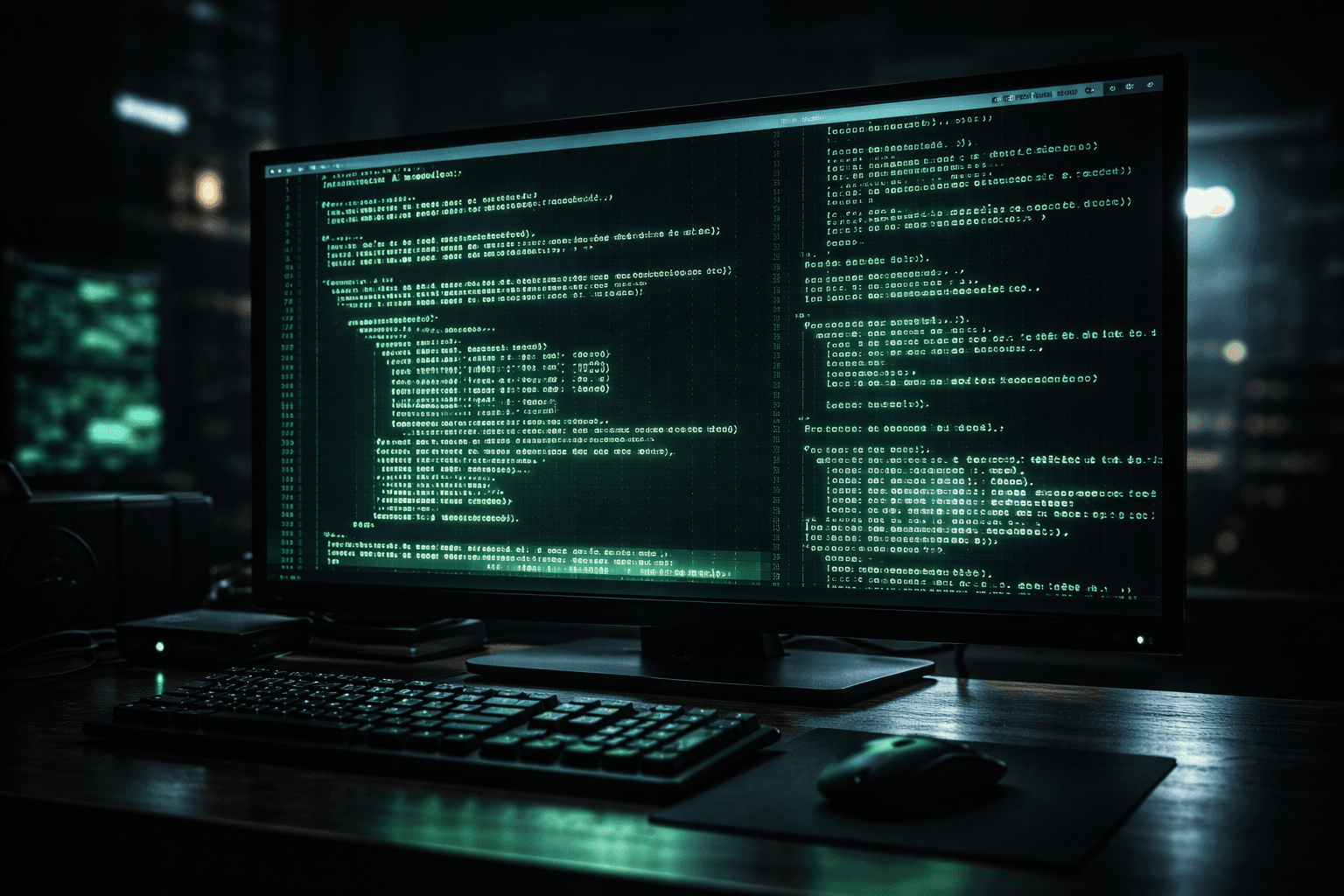 Ein dunkler Computermonitor zeigt eine grün leuchtende Kommandozeile, in der blitzschnell Text von einem lokalen Sprachmodell generiert wird.