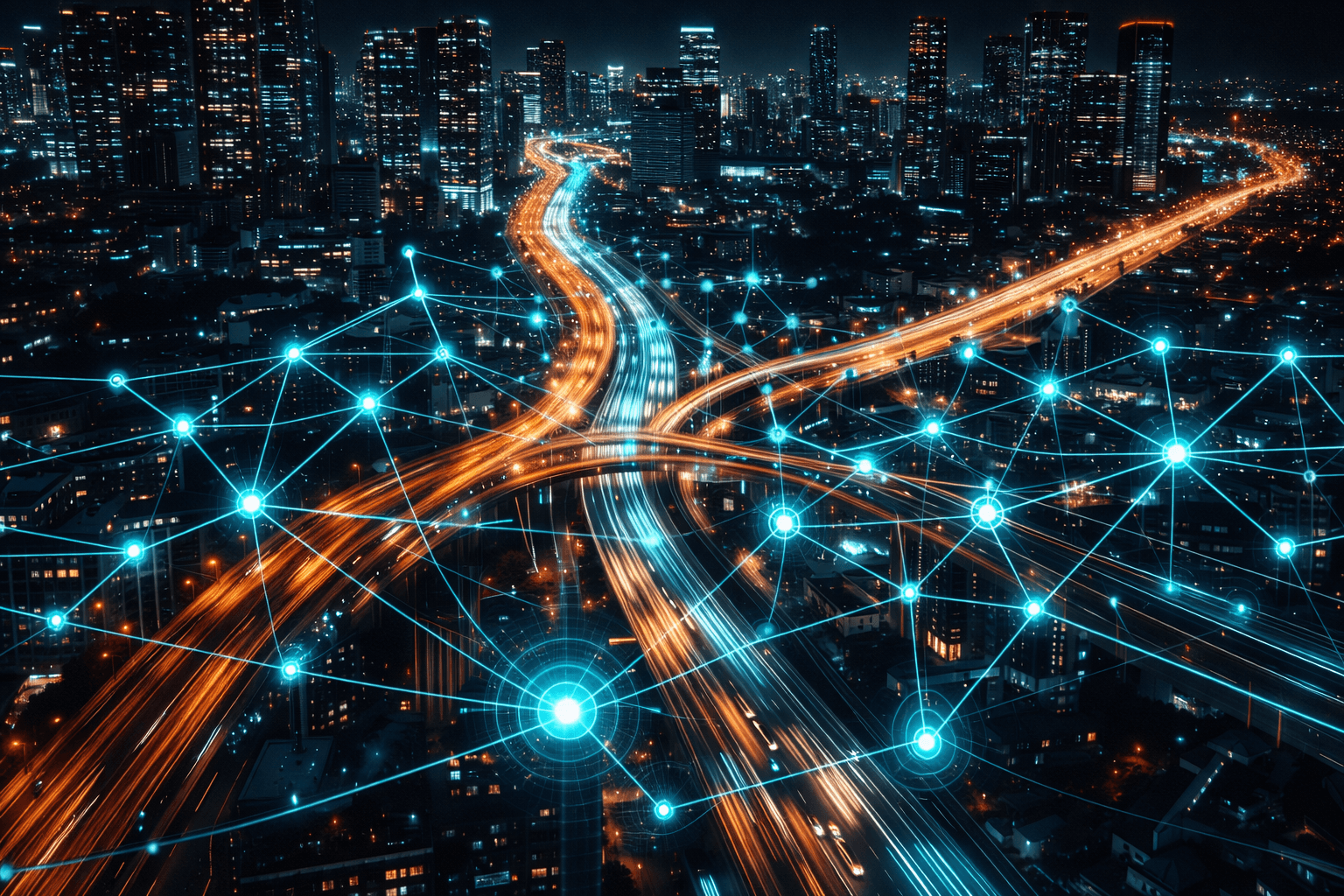 Eine futuristische Stadtansicht von oben bei Nacht. Die Straßen sind Adern aus Licht, die sich dynamisch verändern, um den Verkehrsfluss zu optimieren. Keine Staus sichtbar.