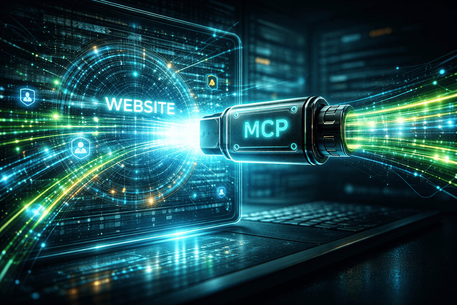 Ein leuchtender, universeller MCP-Stecker verbindet eine KI nahtlos mit den Kern-Daten einer Webseite.