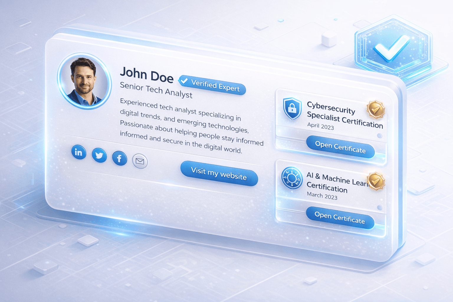 Beispiel einer modernen Autorenbox mit Trust-Signalen und Verifizierungs-Badges für E-E-A-T.