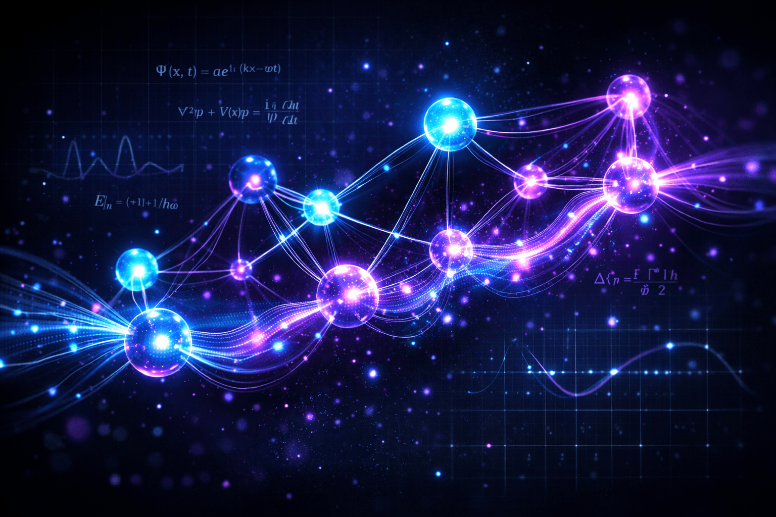 Eine abstrakte Darstellung eines komplexen Moleküls, das nicht aus Kugeln, sondern aus leuchtenden Datenströmen und digitalen Verbindungslinien besteht.