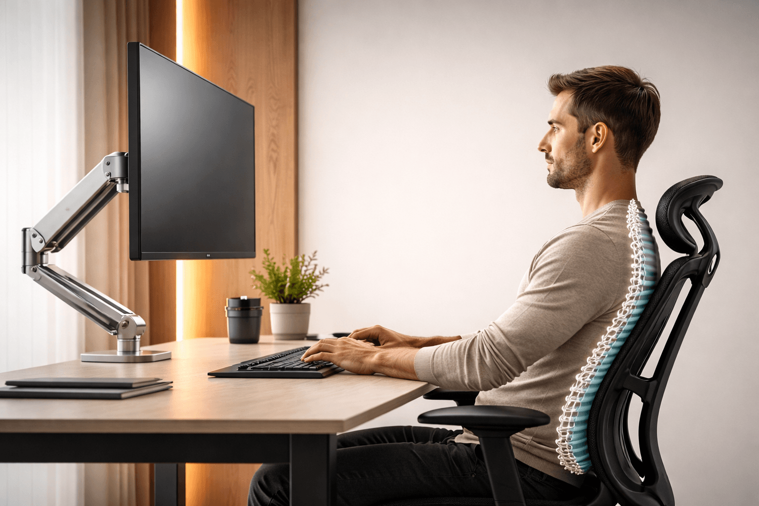 Seitenansicht eines Arbeitsplatzes mit Monitorarm, der für eine perfekte Kopfhaltung und freien Platz auf dem Schreibtisch sorgt.