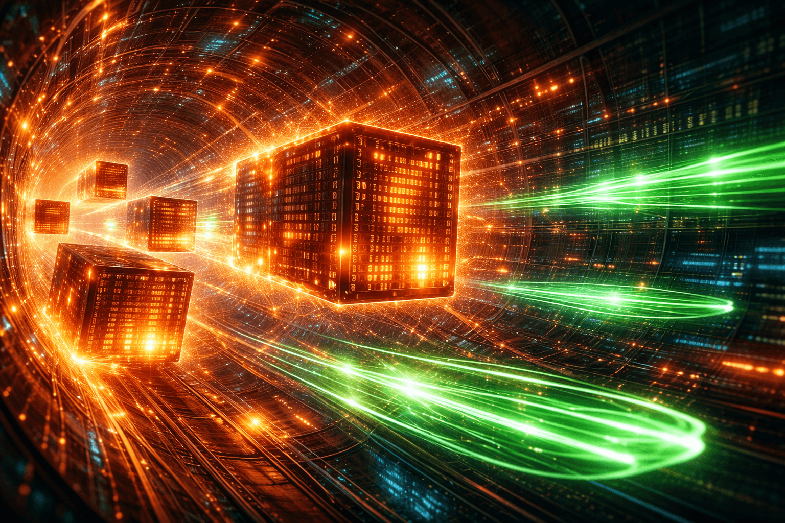 Ein leuchtender Datenstrom, in dem sich dicke, schwerfällige Datenblöcke durch ein Glasfasernetz quälen, während schlanke, optimierte Daten pfeilschnell vorbeifliegen.