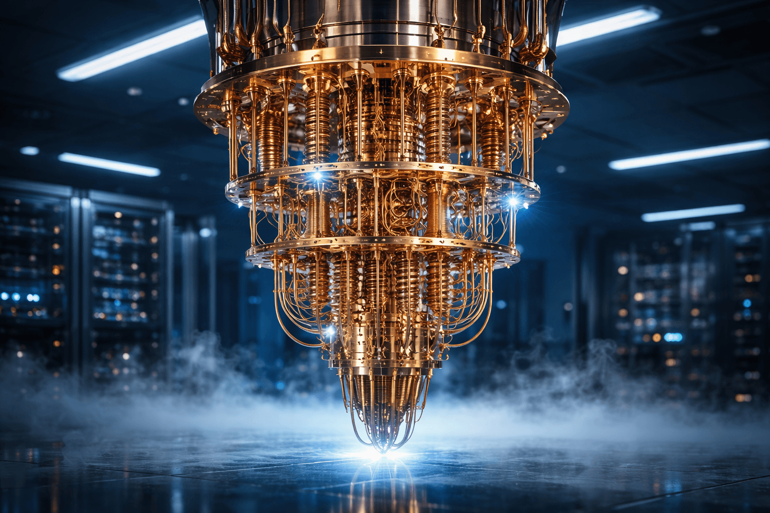 Ein offener Quantencomputer-Kryostat (oft "Kronleuchter" genannt) mit komplexer goldener Verkabelung und kupfernen Rohren, hängend in einem sterilen High-Tech-Labor.