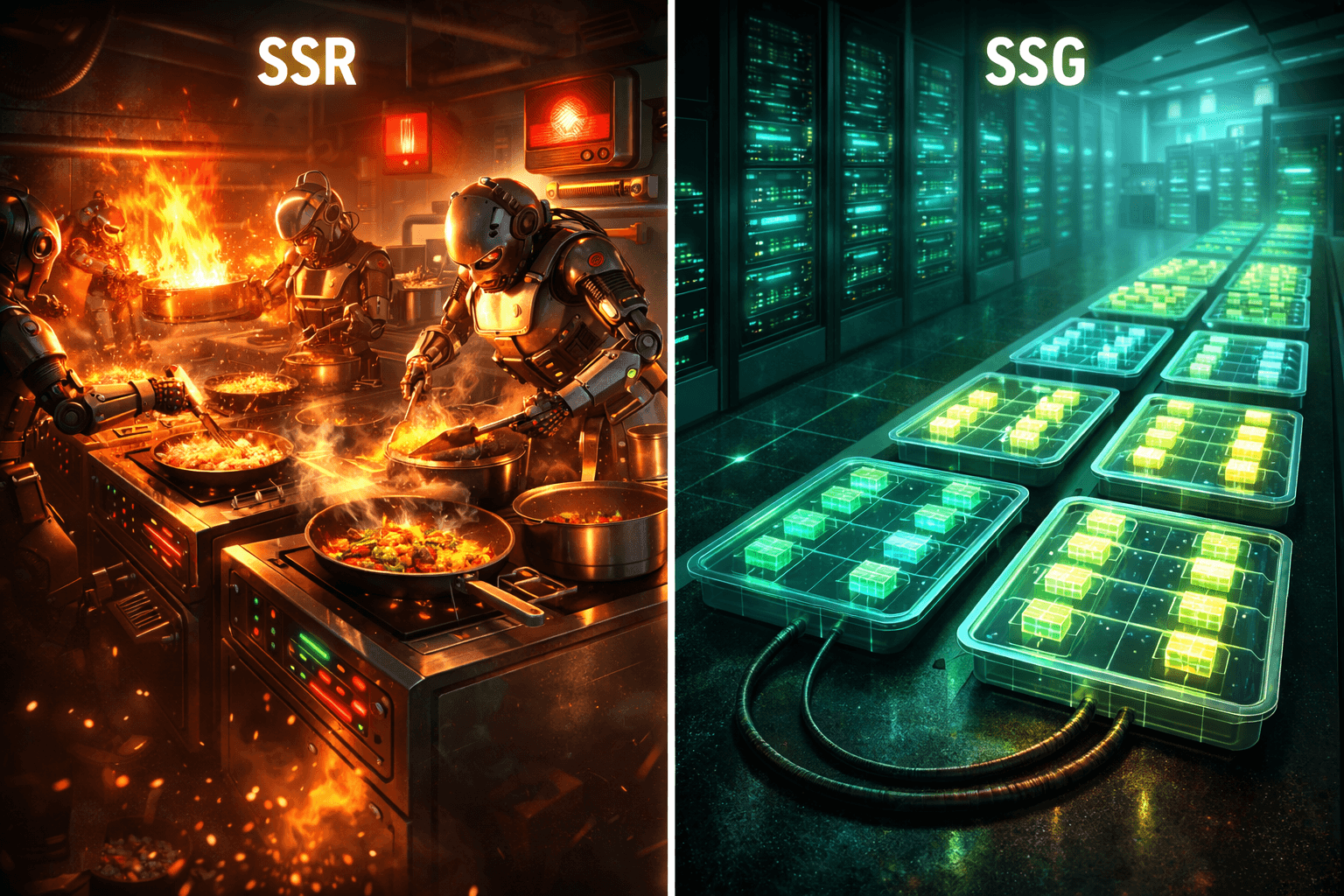 Ein metaphorisches Split-Screen-Bild. Links kocht ein Roboter hektisch und unter enormem Energieaufwand für jede Anfrage einzeln (SSR), rechts bedienen sich leuchtende Datenpakete effizient an einem vorbereiteten statischen Buffet (SSG).