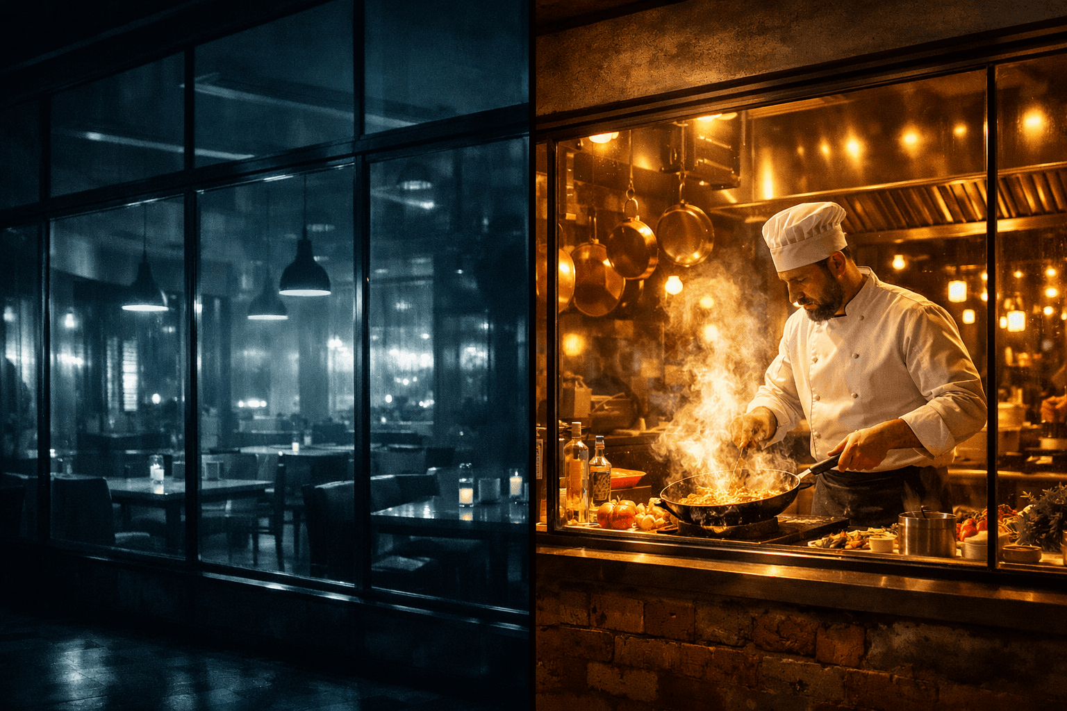 Analogie für digitale Körpersprache: Ein anonymes Gebäude im Vergleich zu einer offenen, einsehbaren Küche.