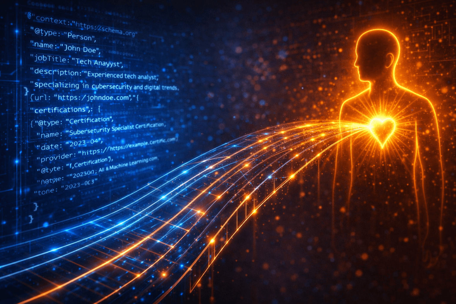 Visualisierung von Schema-Markup als Brücke zwischen technischem Code und menschlicher Expertise.