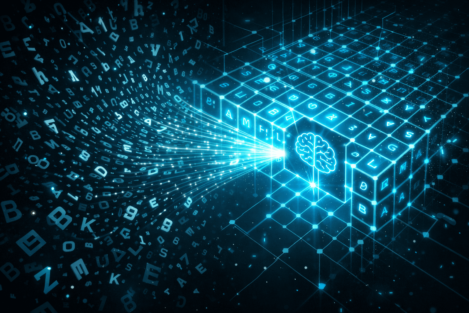 Visualisierung von unstrukturierten Daten, die sich in ein geordnetes, leuchtendes Raster verwandeln, das von einer KI verstanden wird.