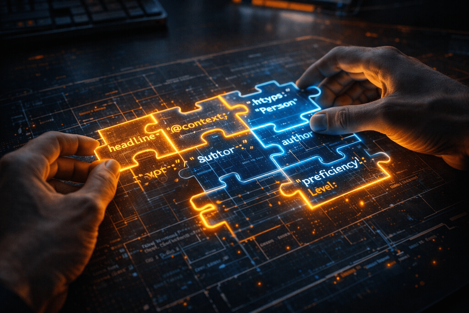 Ein Entwickler setzt leuchtende Code-Puzzleteile zusammen, um ein JSON-LD Schema für einen Tech-Artikel zu bauen.