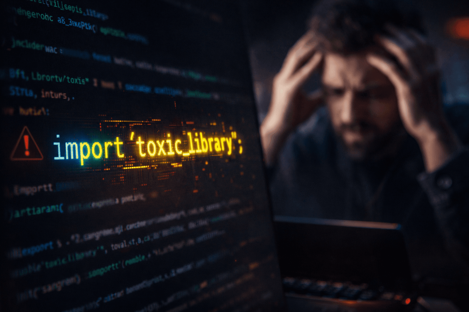 Ein Code-Editor warnt vor einem fiktiven, von der KI erfundenen Software-Paket, während ein Entwickler im Hintergrund gestresst wirkt.