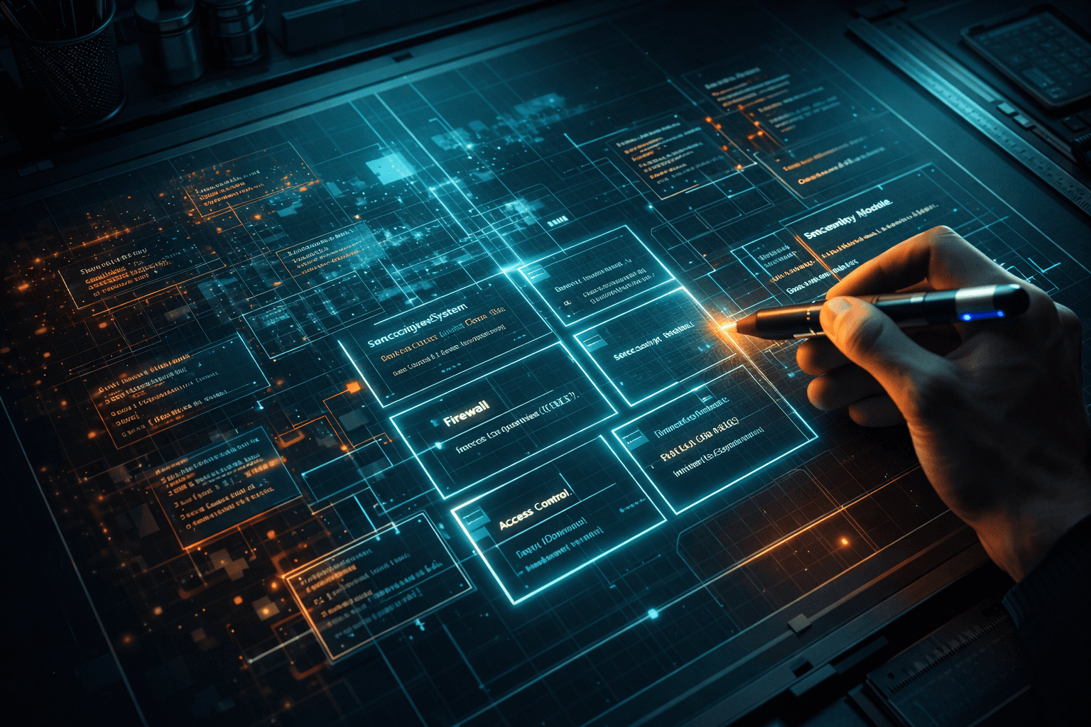 Ein holografischer Bauplan ordnet chaotische Code-Schnipsel in eine strukturierte Architektur, kontrolliert durch eine menschliche Hand.