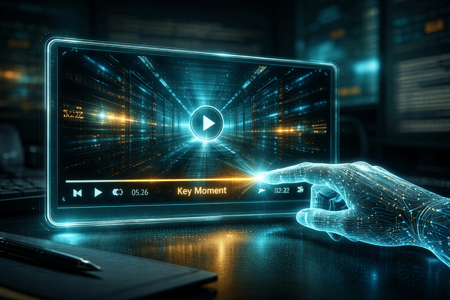 Eine künstliche Intelligenz wählt auf einer schwebenden Video-Timeline exakt einen "Key Moment" (Schlüsselmoment) aus.