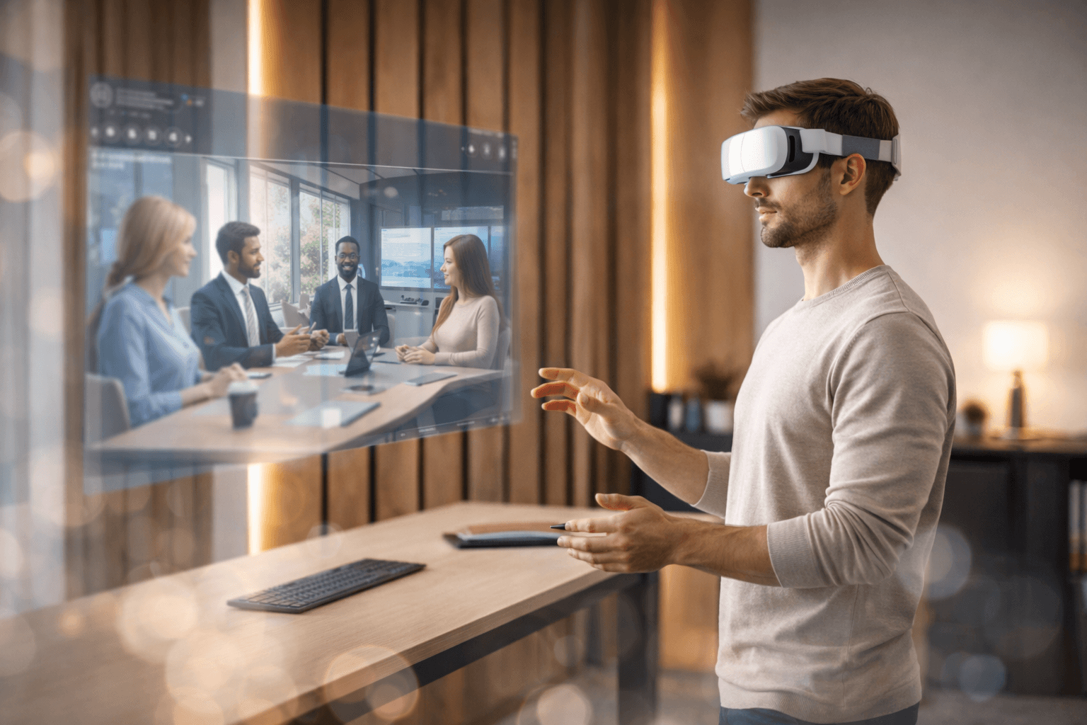 Eine Person im Home Office nutzt ein ergonomisches VR-Headset für ein virtuelles Team-Meeting.