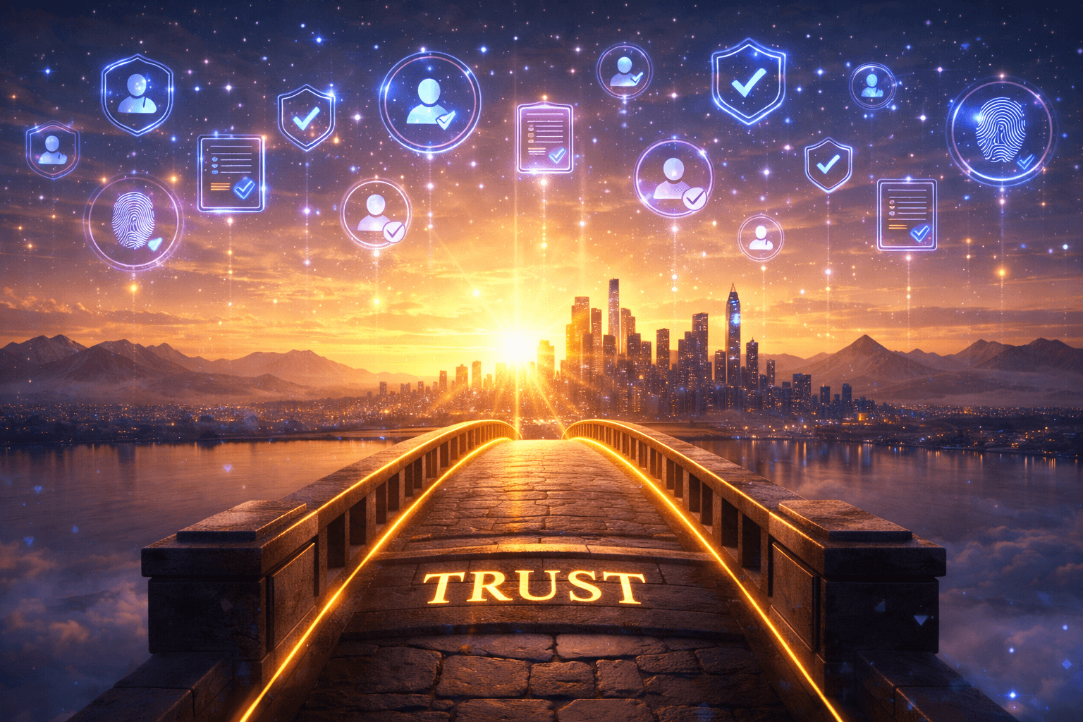 Symbolische Darstellung der Zukunft des digitalen Vertrauens als solide Brücke in einer KI-dominierten Welt.